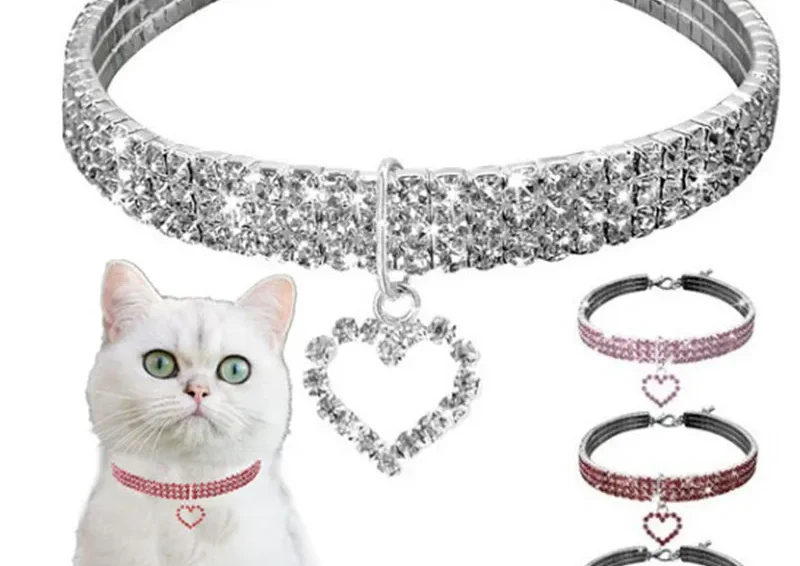 New Cat Dog Collar Three Row Elastic Rhinestone Heart 1