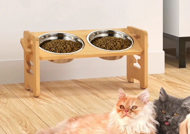 Elevated Dog Cat Bowls Bamboo Tilted Adjustable 2